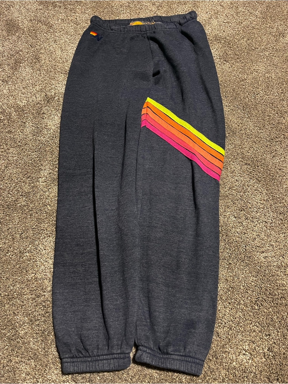 Aviator Nation Women's Blue Joggers Rainbow Stripe Fleece Drawstring Sz S